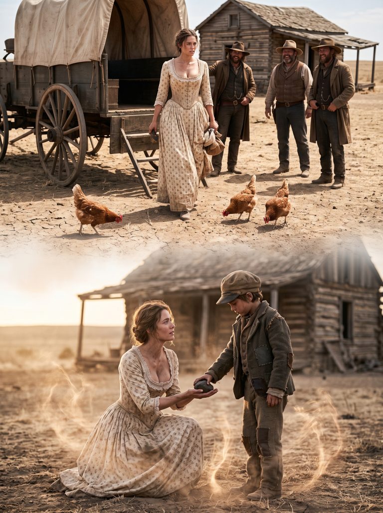 “You expect her to survive this?” they laughed—then she stepped off the wagon into a dead West, three starving hens, and a cabin that looked buried in sin… until the silent boy pressed a stone into her palm and the earth started whispering secrets no one could explain.