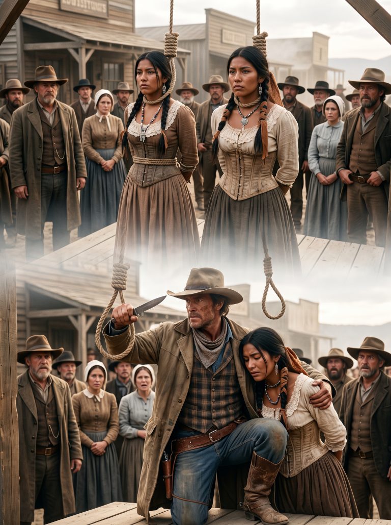 They were two Apache brides condemned as barren and thrown to the gallows by a merciless town—until a hardened cowboy shattered the noose, defied the law, and carried them away into a life no one saw coming.